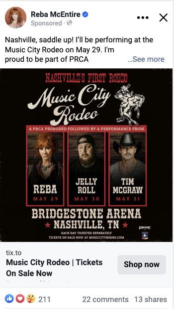 Sponsored post from Reba McEntire's verified account announcing Music City Rodeo